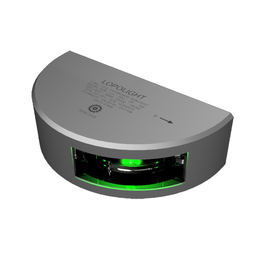 Lopolight Series 301001  Starboard Sidelight  2NM  Vertical Mount  Green  Silver Housing 301001