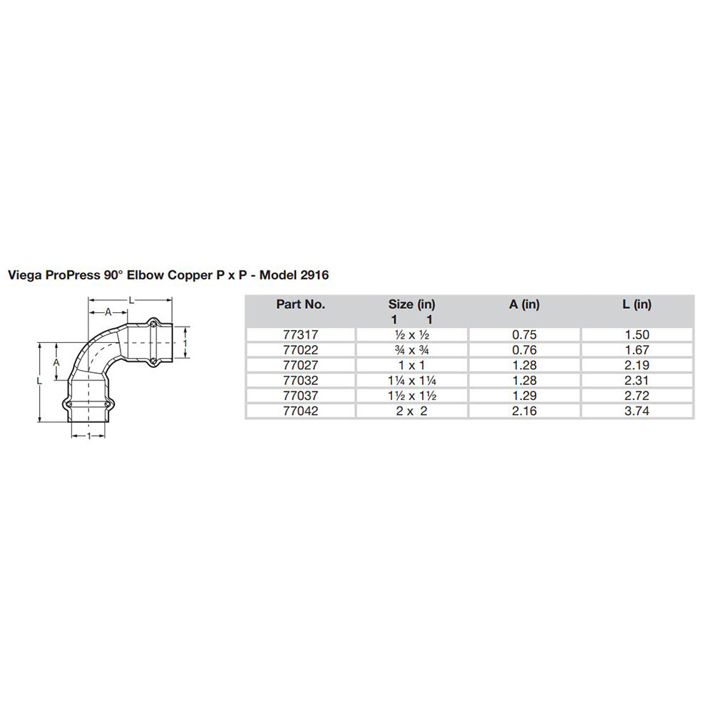 Viego ProPress 34  90 Copper Elbow  Double Press Connection  Smart Connect Technology 77022