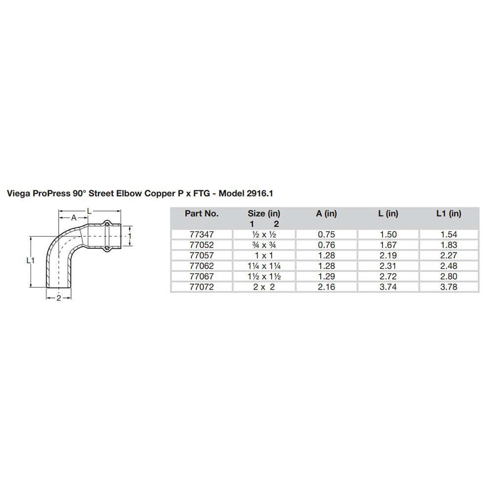 Viega ProPress 112  90 Copper Elbow  StreetPress Connection  Smart Connect Technology 77067