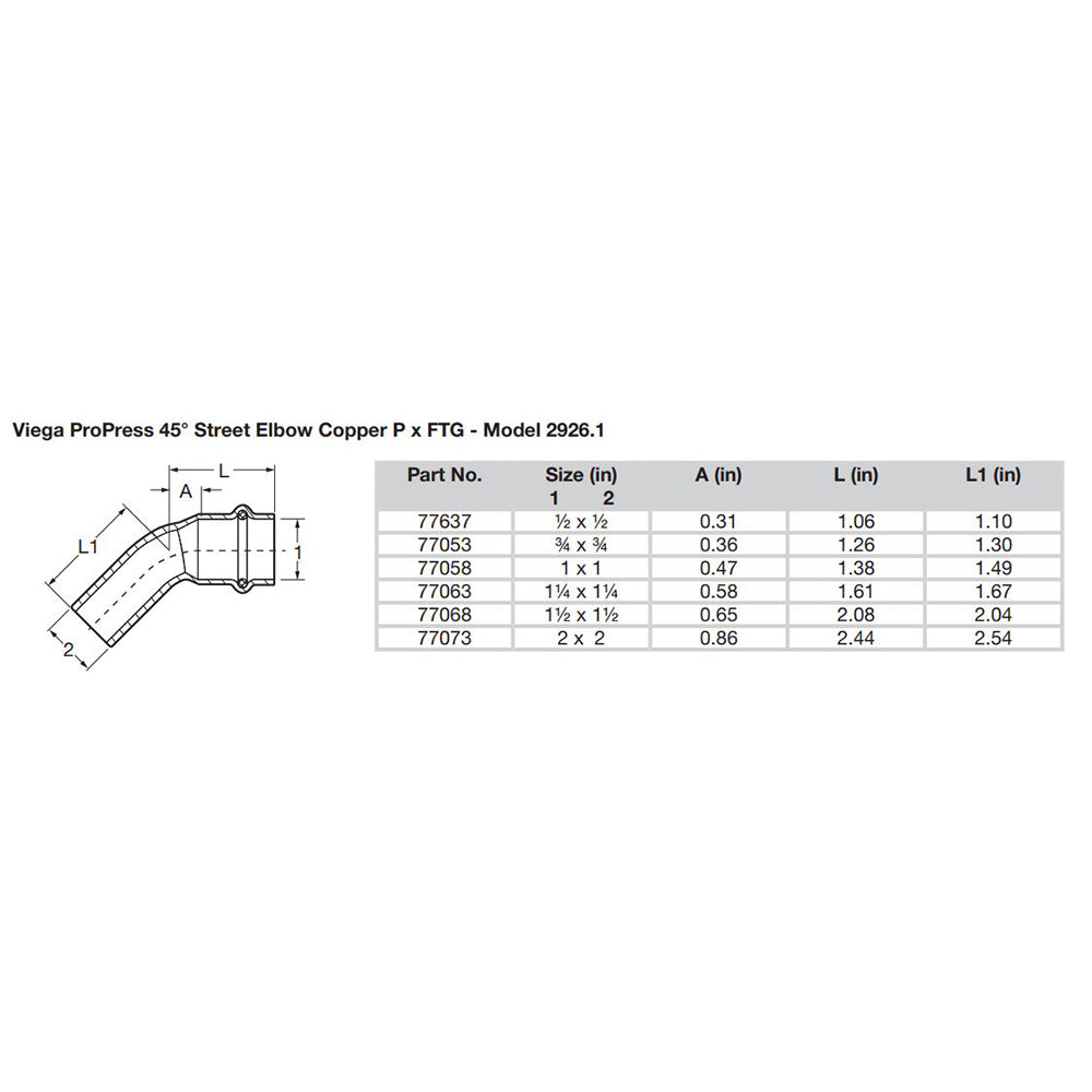 Viega ProPress 2 45 Copper Elbow  StreetPress Connection  Smart Connect Technology 77073