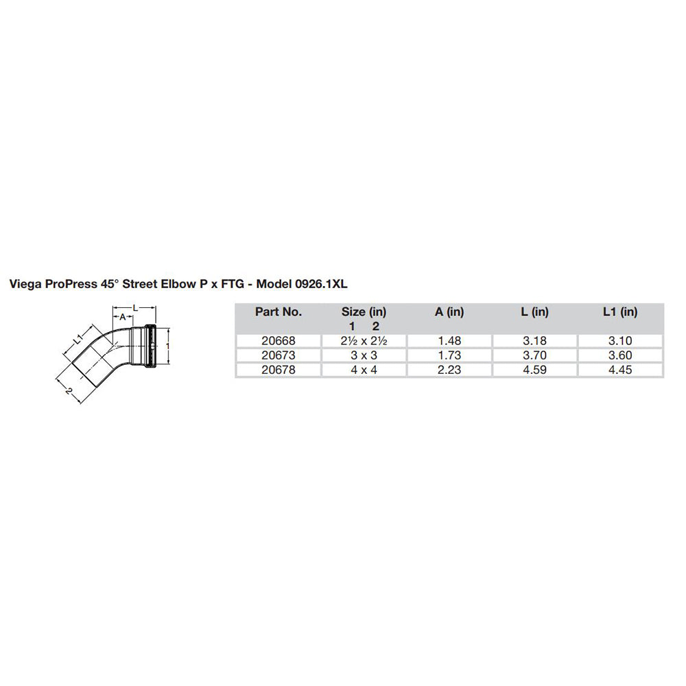 Viega ProPress  212  45 Copper Elbow  StreetPress Connection  Smart Connect Technology 20668