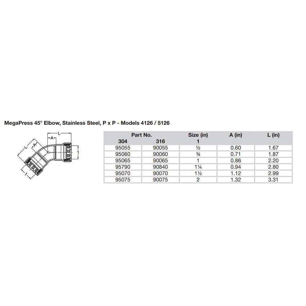 Viega MegaPress 12 45 Stainless Steel 304 Elbow  Double Press Connection  Smart Connect Technology 95055