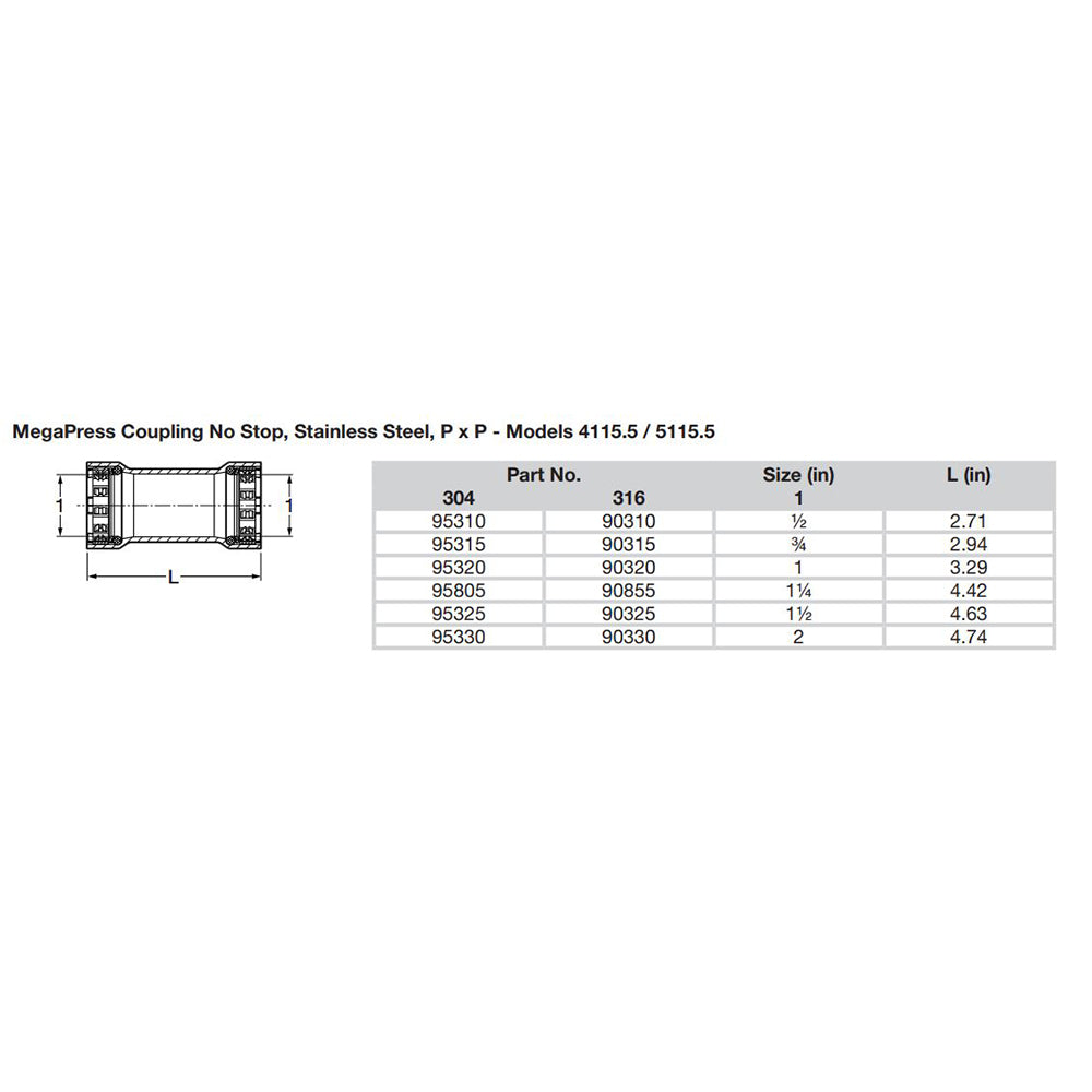 Viega MegaPress 12 Stainless Steel 304 Coupling wo Stop  Double Press Connection  Smart Connect Technology 95310
