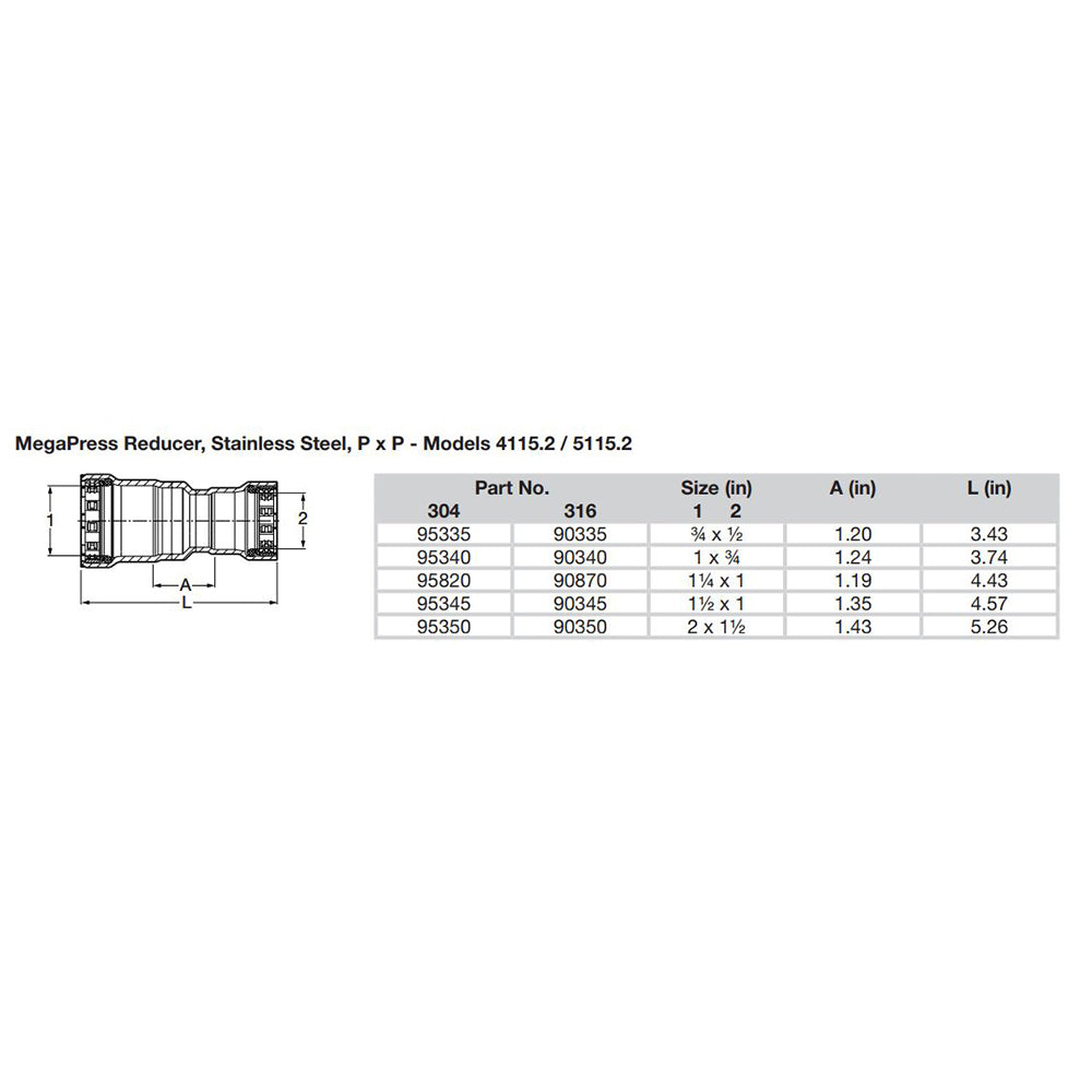 Viega MegaPress 2 x 112 Stainless Steel 304 Reducer  Double Press Connection  Smart Connect Technology 95350