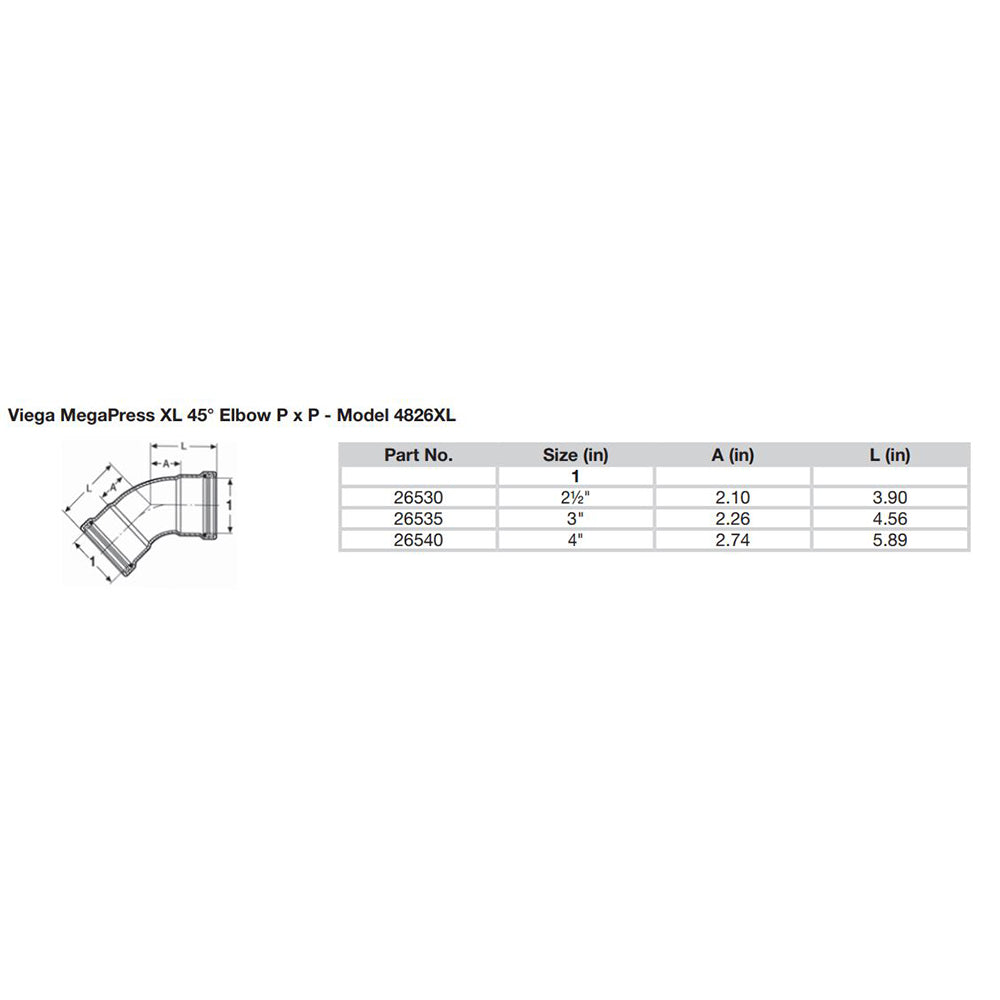 Viega MegaPress 4 45 Carbon Steel Elbow wFKM  Double Press Connection  Smart Connect Technology 26540