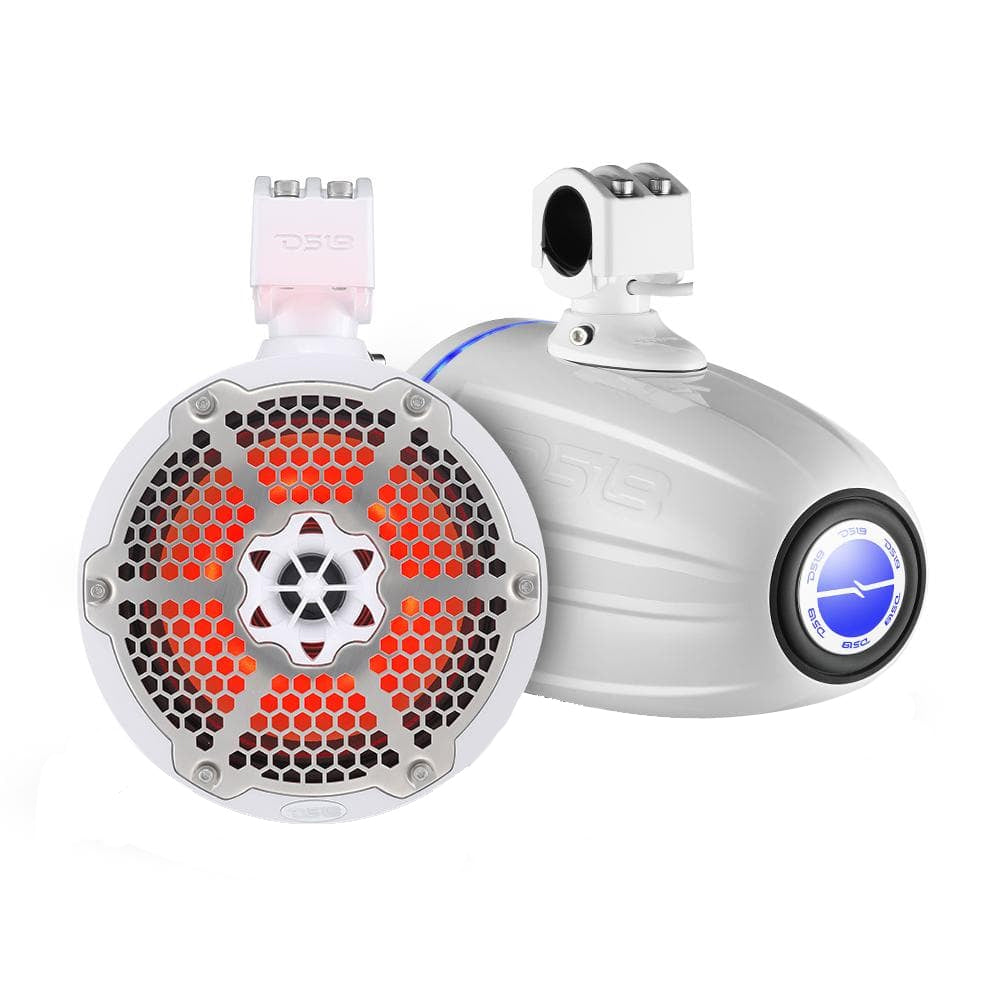 DS18 Hydro 8 Neodymium Marine Towers with Builtin Passive Radiator 1 Driver  RGB LED Light  550 Watts Pair  White