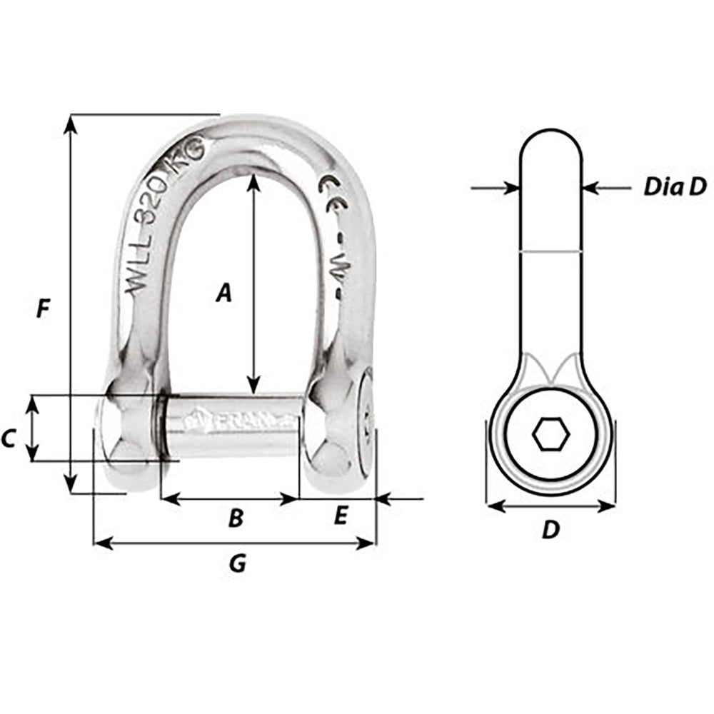 Wichard SelfLocking Allen Head Pin D Shackle  6mm Diameter  14 01303